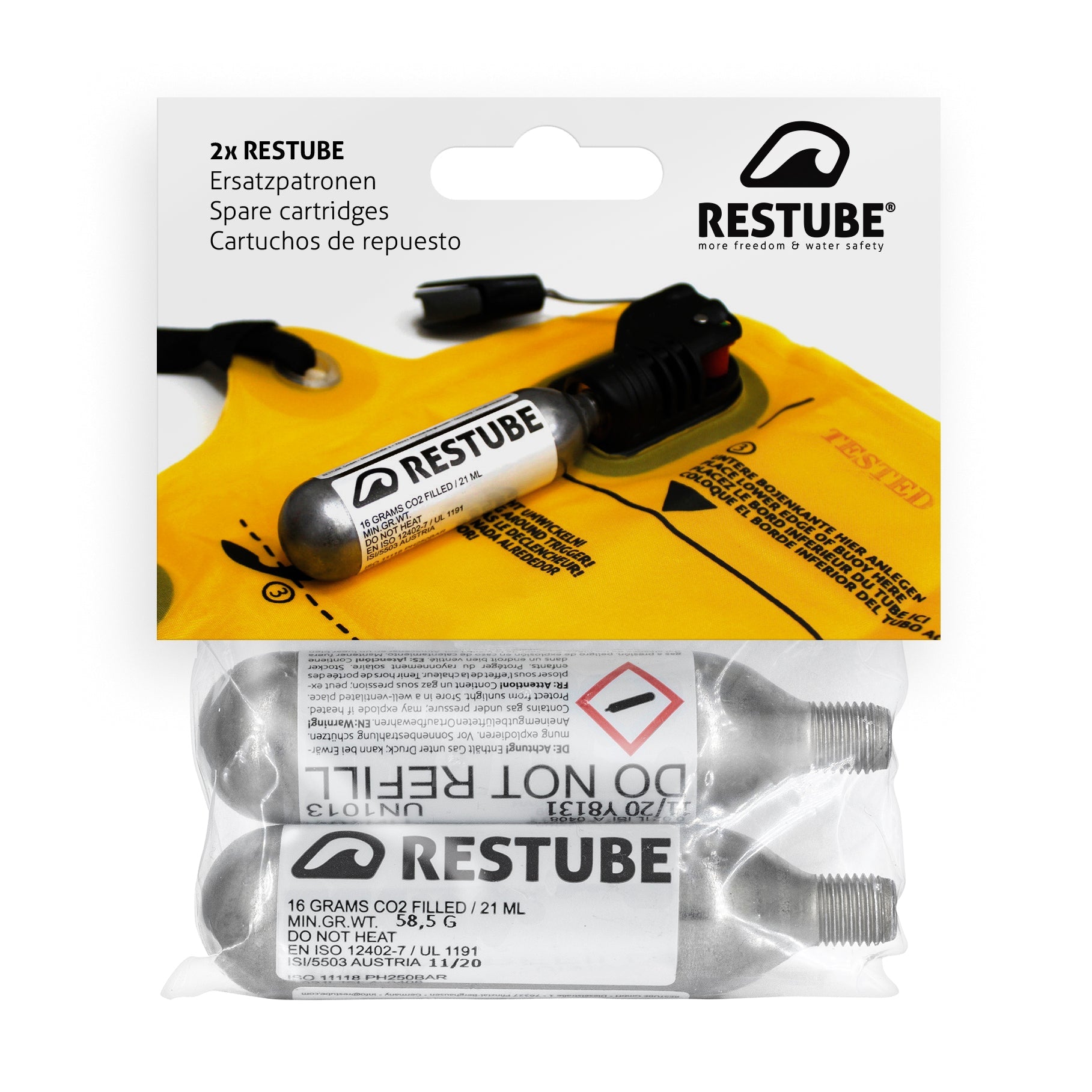 Two Restube CO2 replacement cartridges 16 grams