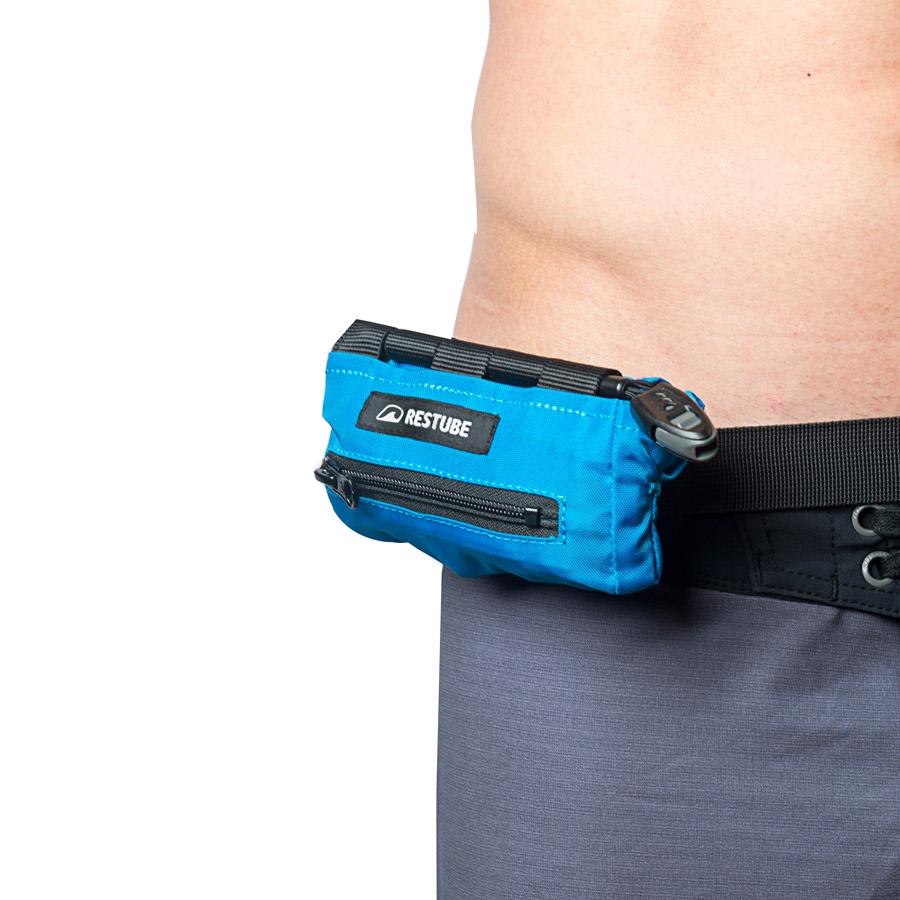 A Restube sports in azure blue with new logo, worn on a belt around the waist
