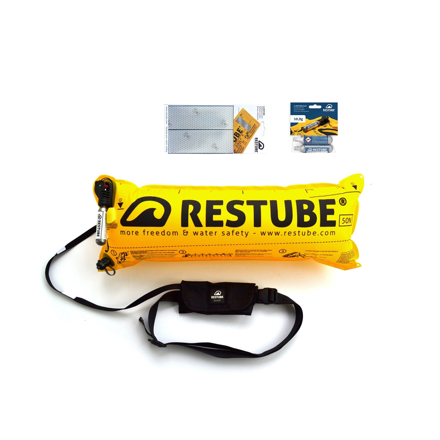 Restube beach starter pack, inflated Restube beach, reflector strips and two CO2 replacement cartridges
