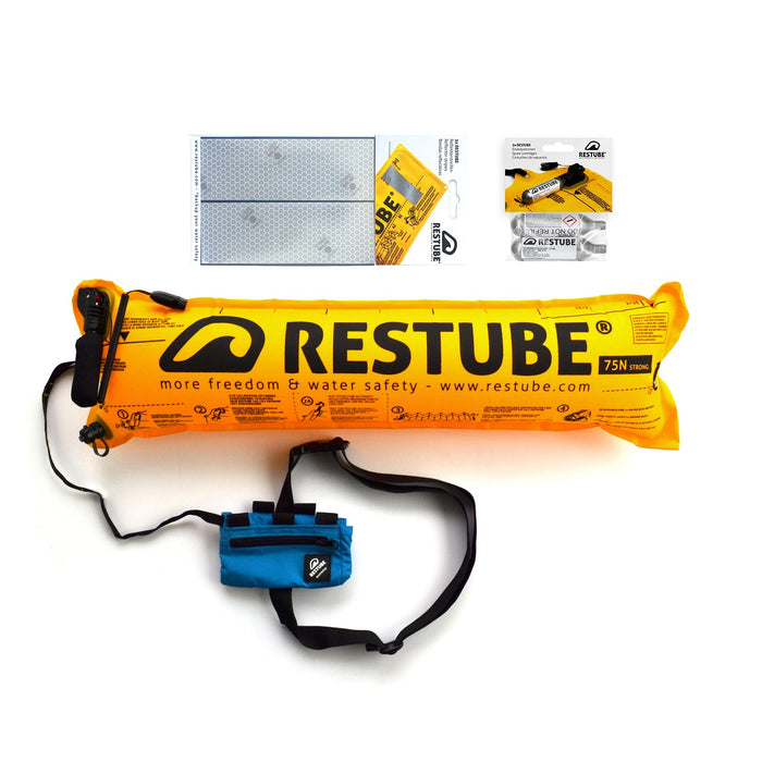 Inflated Restube extreme in azure blue pouches, reflector strips and two CO2 spare cartridges