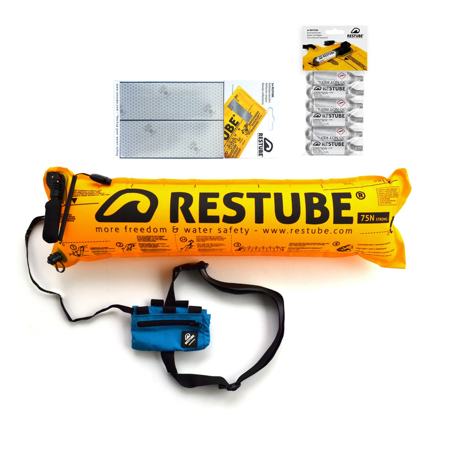 Restube package Restube extreme azur, two reflector strips and six CO2 replacement cartridges