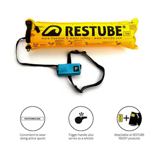 Inflated Restube floating buoy with 3 icons:  Convenient towear doing active sports, Trigger handle also serves as a whistle and Attachable at  Restube READY products