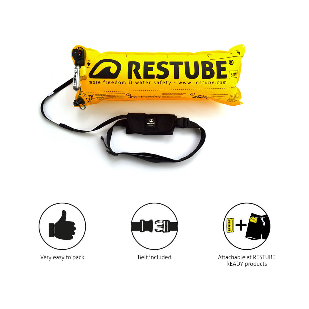Restube beach mit Icons very easy to pack, belt included und attachable at Restube ready products