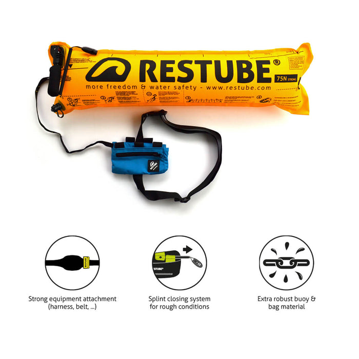 Inflated Restube extreme und Icons Strong equipment attachment (harness, belt,...), Splint closing system for rough conditions, Extra robust buoy & bag material  
